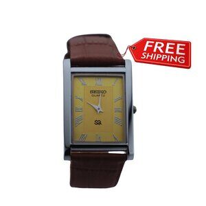Seiko Slim Vintage Quartz Men's Wrist Watch Yellow Dial with new Camel Strap